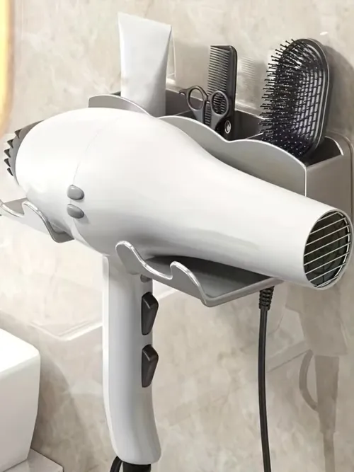 1pc ヘアドライヤー収納ラック、非穴あきバスルーム壁掛けブラケット、バスルームエアダクト収納
