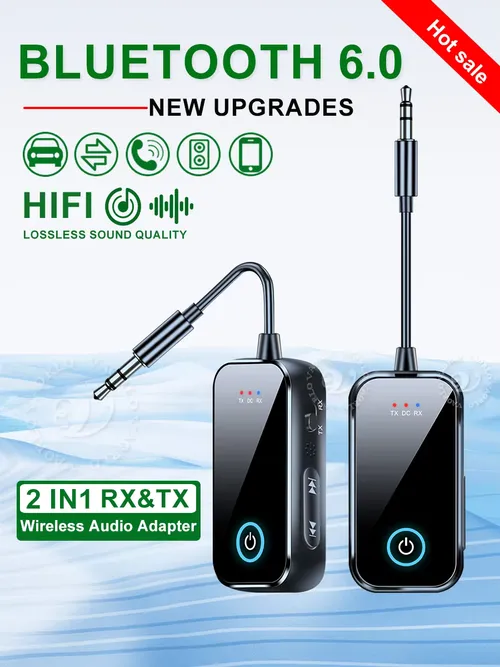 新しくアップグレードされた Bluetooth 6.0 カーオーディオ レシーバー/トランスミッター、3.5mm AUX インターフェイス、Hi-Fi ステレオ音楽、航空機ワイヤレス オーディオ アダプター、HD マイク付き、カーキット、コンピューター TV、ヘッドセット、スピーカー用。