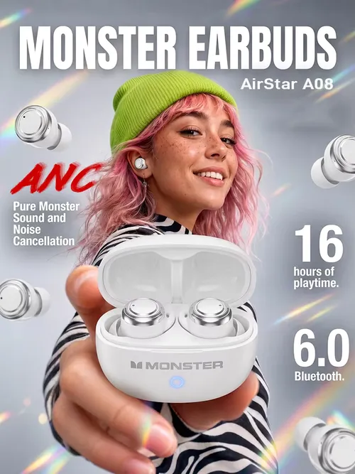 Monster A08 ANC Bluetooth 6.0 イヤホン ミニ インビジブル インイヤー スポーツ イヤホン アクティブノイズキャンセリング TWS ワイヤレスイヤホン