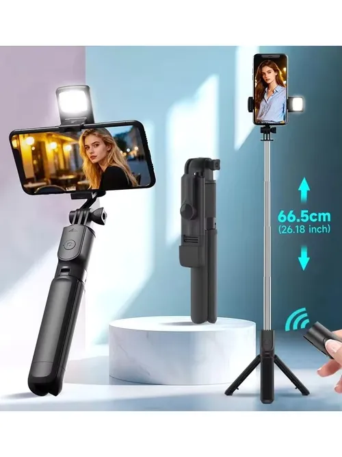 スマホ自撮り棒三脚 Bluetoothリモコン ワイヤレス自撮り棒 スマホホルダー 美肌LEDフィルライト付き スマホライブ配信用