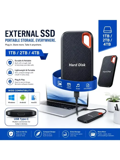 外付けハードドライブ 2TB 高速ハードディスク USB-C接続 オリジナルストレージデバイス ポータブルSSD(ノートパソコン/PC/スマートフォン/Mac用)