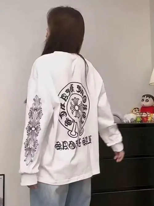 ヘビーウェイトクロスプリント長袖Tシャツユニセックスルーズラウンドネック純綿ベースシャツトレンドトップス秋カジュアルスタイル吸汗通気性保温性