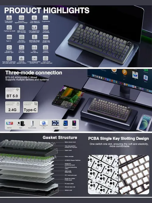 AULA F75 ゲーミングメカニカルキーボード RGB カスタマイズ 75%レイアウト サイド刻印 ガスケットマウント 80キー PBT グラデーションキーキャップ キーボード