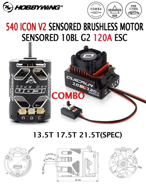 Hobbywing 10BL G2 120A ESCと540 ICON V2 SPEC 10.5T 13.5T 17.5T 21.5Tモーター 2-3Sセンサー付きブラシレスコンボ 1/10ドリフトRCカー用