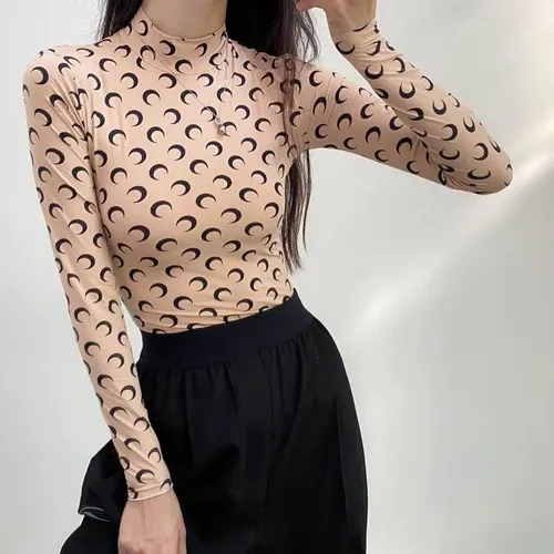 スリムフィット長袖レディースベースシャツハーフハイカラー伸縮性プリントTシャツカップルスタイル秋冬通勤トレンド
