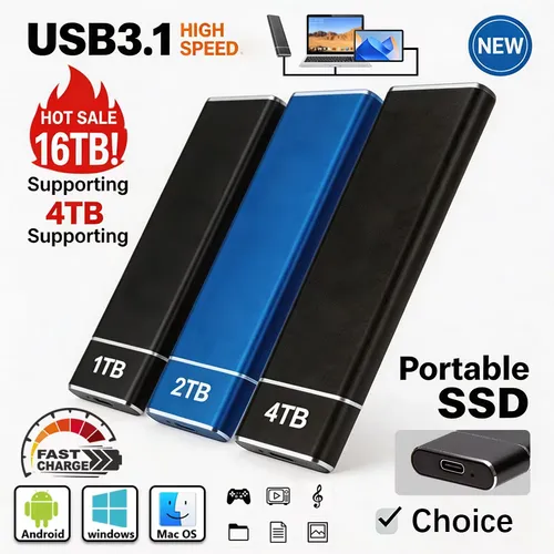 高速USB 3.1ポータブルSSD 2TB外付けソリッドステートドライブ 1TB 4TB 純正大容量 PC、ノートパソコン、Mac、携帯電話対応