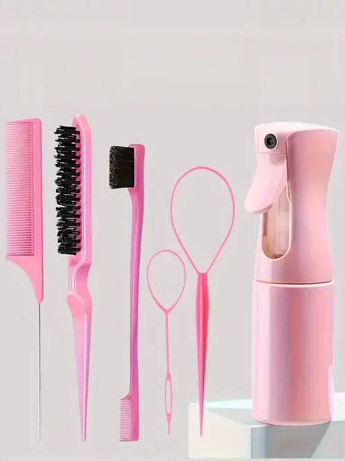 6個セット ヘアブラシセット 理髪用スプレーボトル 編み込み用ループ ラットテールコーム ティーシングヘアブラシ エッジコントロールヘアブラシ
