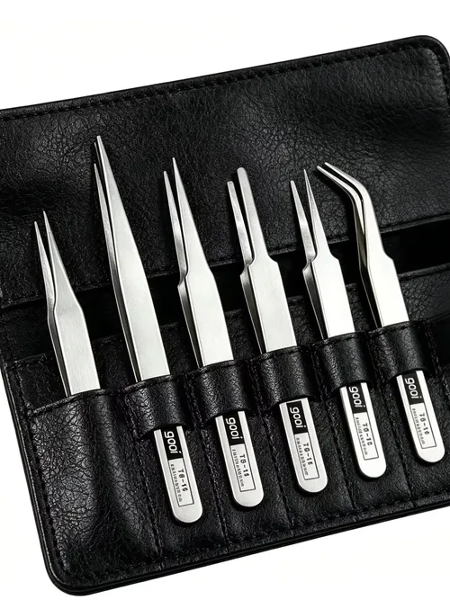6個入りステンレス製精密ピンセットキット 曲がった/直線の先端 工業用修理ツールセット 細かい作業用