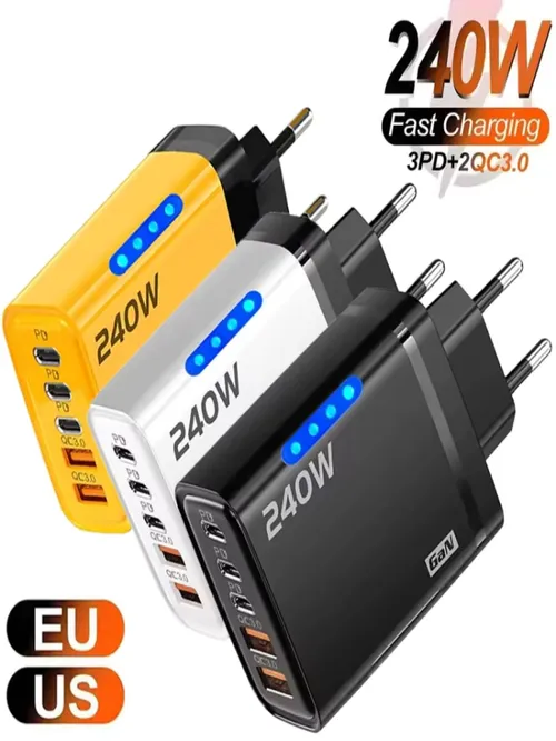 240W GaN 5 in 1急速充電器 USB C充電器 電源アダプター タイプC EU/USプラグ 壁掛け充電器 iPhone、Samsung、Xiaomi対応