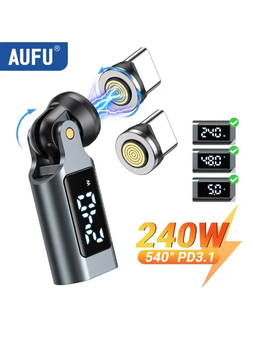 AUFU 9ピン デジタルディスプレイ 磁気OTGアダプター iPhone17 Macbook ノートパソコン Xiaomi PD240W 5A USB C to Type C マイクロオスコンバーター