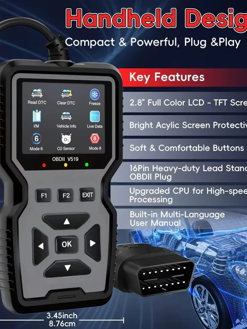 大型車両の修理に最適なプロ仕様のOBD2診断ツール - コードリーダー/リセッター、リアルタイムデータストリーム対応、バッテリー不要、1996年以降の車両に対応(OBDII/E-OBD、モード6/8)、整備士、DIY自動車修理、トラック、オートバイ、SUVに最適 - コンパクト設計、使いやすい操作、耐久性のある機器、OBD IIリーダー、自動車用