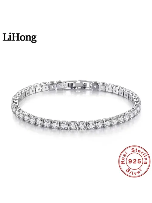 S925 スターリングシルバーブレスレットジルコニアテニスボール女性ファッションシンプルな婚約結婚式チャームジュエリー 4 ミリメートル 16-20 センチメートル