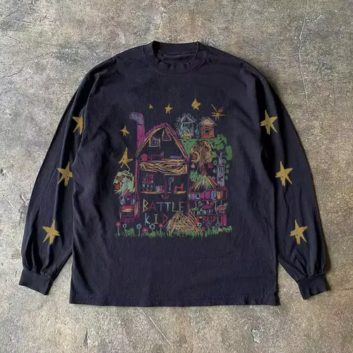 ヘビーウェイト30g純綿長袖アメリカンレトロストリートスタイルTシャツユニセックスサマーファッションカジュアルラウンドネックTシャツ