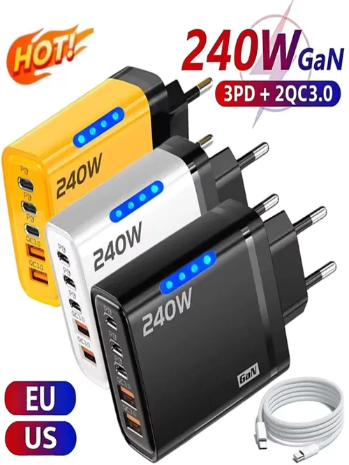 5 in 1 GaN USB Cデスクトップ充電器 240W急速充電対応 スマホアダプター 編み込みタイプCケーブル iPhone、Samsung、Xiaomi対応 EU/USプラグ充電器