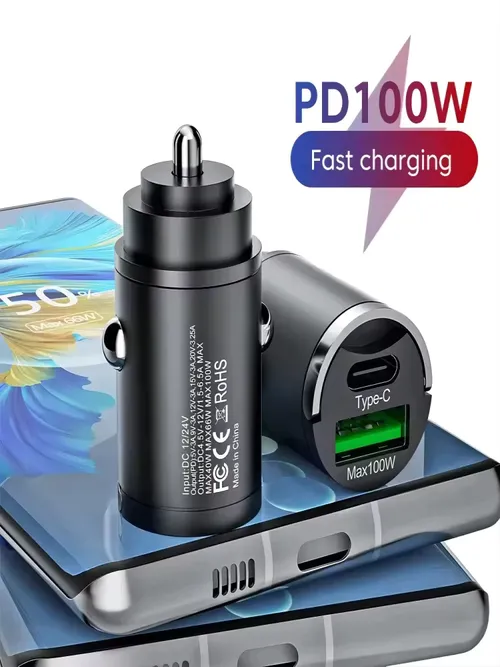 ミニ100WインビジブルPD QCプルリング急速充電カーチャージャー USB C 車載携帯電話充電アダプター iPhone、Xiaomi、Samsung、Huawei対応