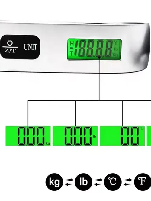 50kgまで対応可能な携帯用吊り下げ式電子スケール。デジタル表示で、スーツケースや旅行用バッグの重さを測定できる。
