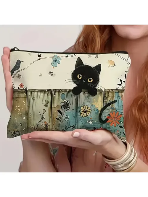 魅力的な黒猫と花の模様が描かれたジッパー付きポーチ。耐久性があり、色褪せしにくく、軽量で、鮮やかなイラストが特徴のコスメティックバッグ。