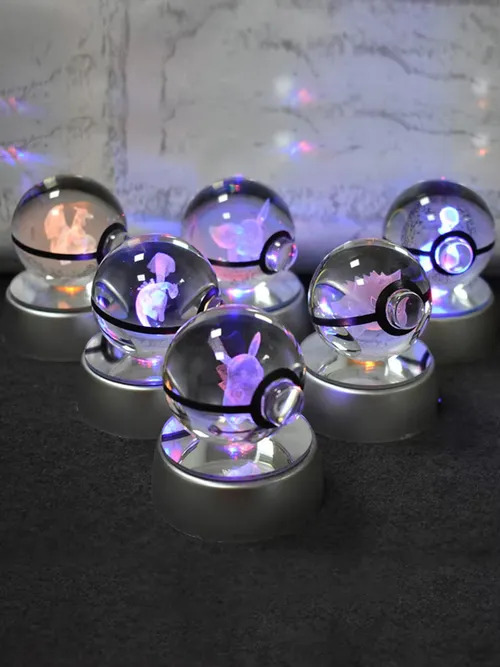ポケモンクリスタルボール 3D ピカチュウゲンガーミュウツーナイトライトランプモンスターボール 3D ガラスポケモンクリスタルボール像子供の誕生日ギフト