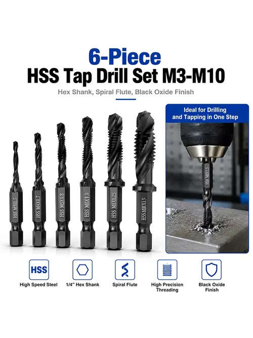 6個入り HSS複合タップドリルビットセット M3-M10 1/4インチ六角軸スパイラルフルート 3-in-1 ドリル・タッピング・バリ取り 黒染めタップビット