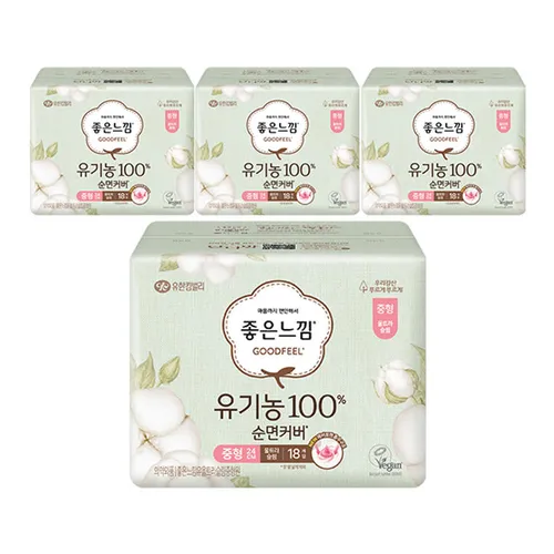 좋은느낌 유기농100%순면커버 날개형 울트라슬림, 중형, 18매, 4개