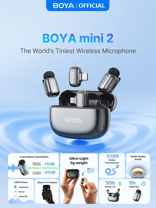 BOYA 미니 2 무선 라발리에 마이크 AI 소음 감소 미니 마이크 아이폰 6-14/15-17 USB-C 안드로이드 폰 비디오 녹화용