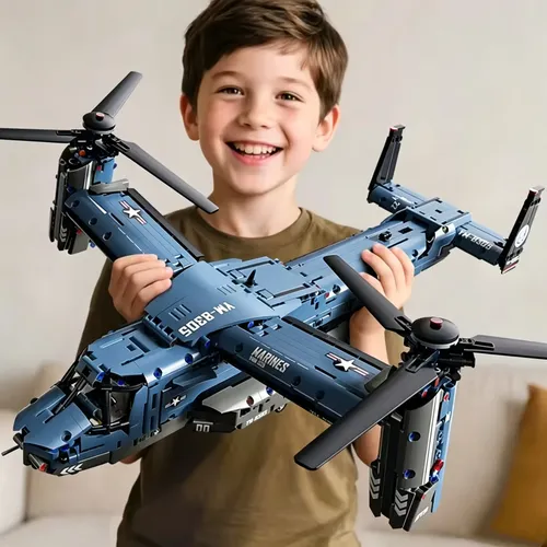군용 V-22 오스프리 틸트로터 조립 블록 세트 대형 고시뮬레이션 풀리 항공기 모델 프로펠러 DIY 조립 블록