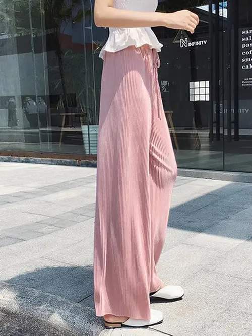 여성용 와이드 레그 팬츠, 주름 아이스 실크 바지, 신축성 허리, 느슨한 캐주얼 바지, 여름 패션