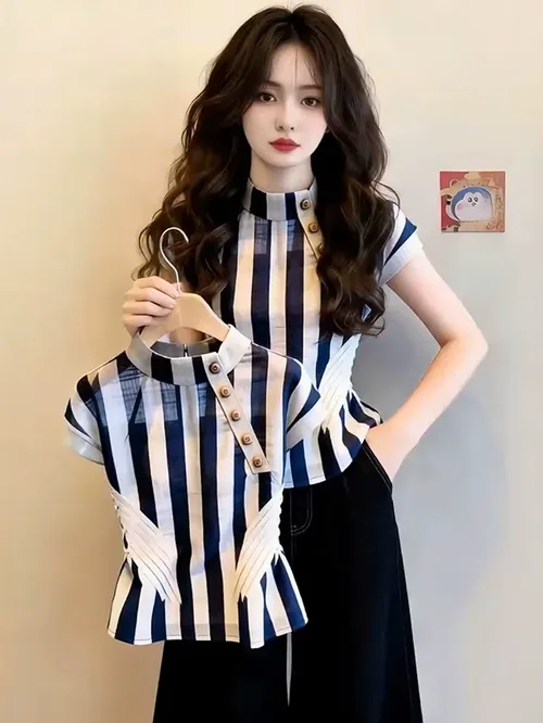 독특하고 아름다운 스트라이프 반팔 스탠드 칼라 여성 셔츠 얇은 거즈 탑 여름 유행 투명한 느낌 좋은 티셔츠