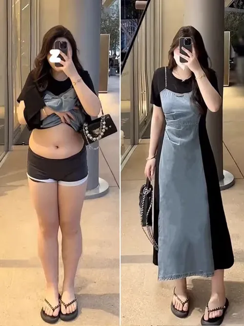 여름 한국 스타일 데님 A라인 드레스 여성 플러스 사이즈 슬리밍 반팔 배 커버 드레스 캐주얼 라운드넥 드레스