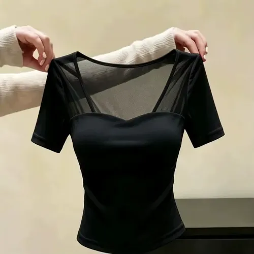 레트로 스플라이스 네트 디자인 스퀘어 칼라 반팔 티셔츠 여성 여름 신상 우아한 탑 퓨어 데지어 패션 스윗 스타일 슬림핏 폴리에스터 원단 두꺼운 소재
