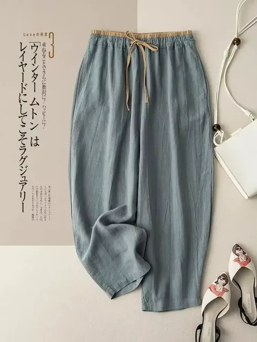 레트로 통근팬츠, 한국판, 미니멀 스타일, 면 린넨 와이드 레그 캐주얼 팬츠, 여성용 루즈핏 스트레이트 레그