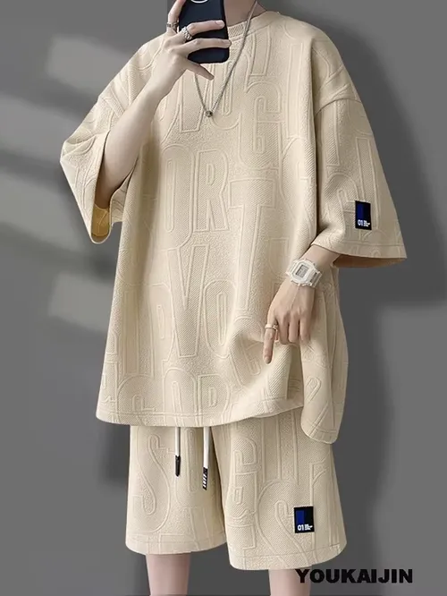 남성 한국 여름 정장 한국 캐주얼 티셔츠 + 반바지 정장 남성 트레이닝복 단색 트레이닝복 루즈핏 정장 플러스 사이즈 5XL