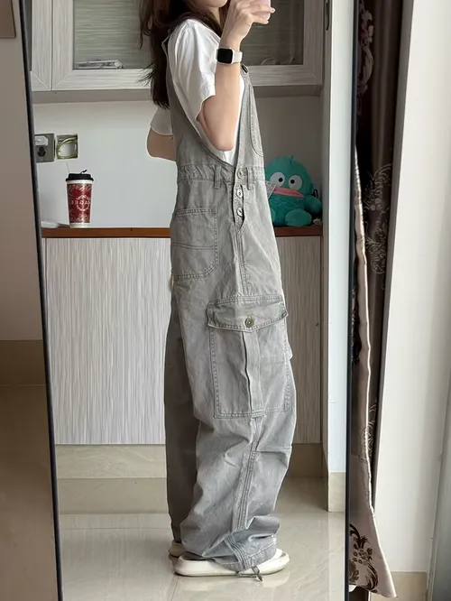 아메리칸 레트로 워싱 워크웨어 오버올 여성 여름 2026 신상 디자인 멀티 포켓 루즈핏 스트레이트 롱 팬츠