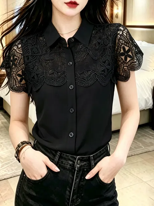 여름 여성용 레이스 셔츠 슬림핏 반팔 턴다운 칼라 다용도 속이 비치는 패턴 탑 소수의 고객층을 위한 패셔너블한 디자인
