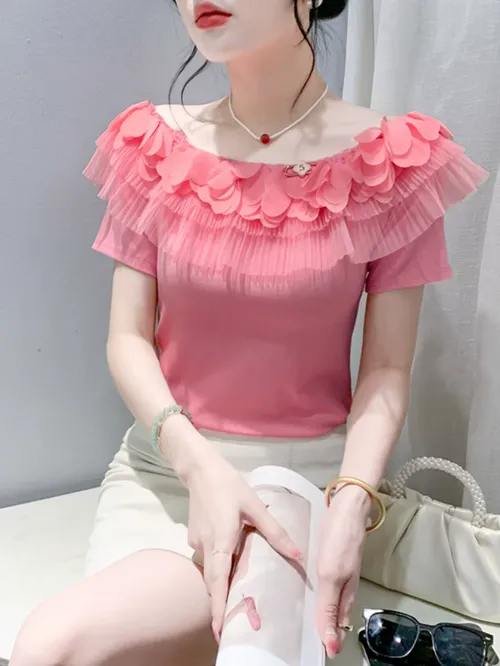 우아한 안티에이징 오프숄더 반팔 티셔츠 여성 여름 신상품 패셔너블한 고급스러운 느낌의 연잎 가장자리 원숄더 탑