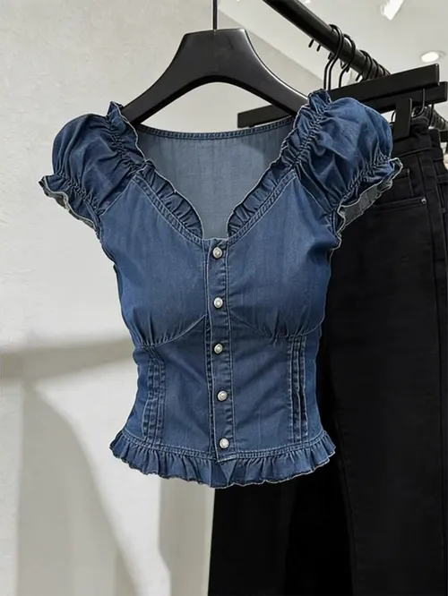 나니유 고급 여성 빈티지 블루 데님 셔츠 여름 V넥 싱글 버튼 버블 슬리브 아우터웨어 탑