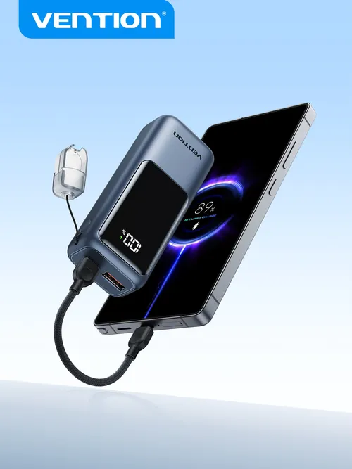 벤션 10000mAh 미니 보조 배터리, 22.5W 휴대용 충전기, 내장 USB-C 케이블, PD 3.0 고속 충전 지원 (iPhone 17, 18, Samsung S26 호환)