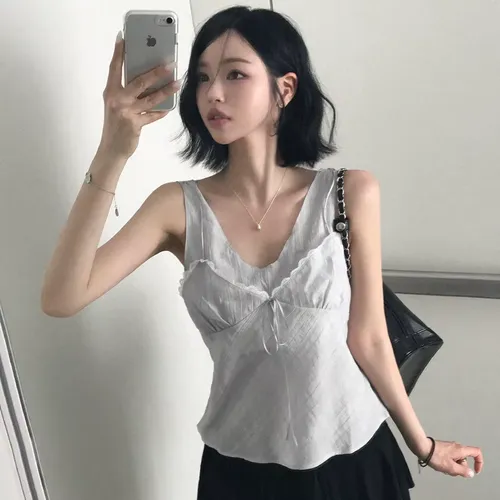 니모 홈 한국 스타일 레이스 트림 홀터넥 베스트 여성 우아한 가벼운 투명 벨트형 페이크 투피스 캐주얼웨어 폴리에스터 섬유
