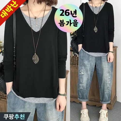 50%할인! 100kg까지 빅사이즈 여성 루즈핏 페이크 레이어드 패션을 긴팔티 풀오버 봄 가을 편한 젊어 보이는 오버핏 상의 루즈핏 이쁜곳 인스 데일리 간절기 이어붙이다 티셔츠