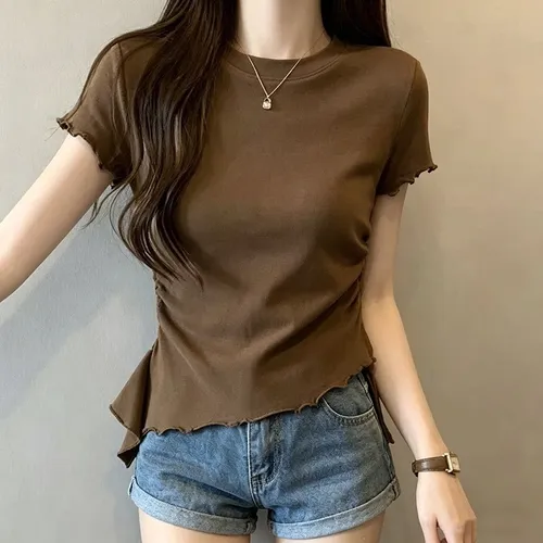 해피유통 여성 언밸런스 크롭 티셔츠 프릴 디자인 여름 반팔 상의