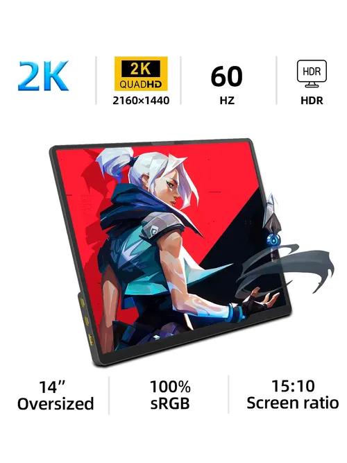 ZSUS 2160*1440 노트북 XBox PS4 / 5 스위치 TV 박스 휴대 전화 PC 확장 모바일 용 14 인치 2K 휴대용 모니터 60HZ