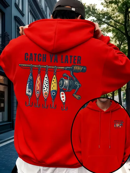 남성용 스포츠 힙합 후디, "Catch Ya Later" 낚시 루어 그래픽, 도시적인 스트리트 스타일과 추운 날씨에 적합한 플리스 안감 스웨트셔츠