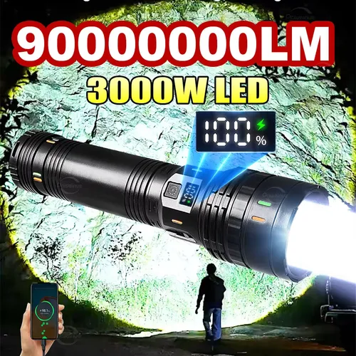 2026 새로운 3000W/800W초강력 LED 손전등 새로운 슈퍼 밝은 토치 라이트 충전식 휴대용 램프 야외 낚시 랜턴