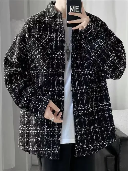 남성용 긴팔 모직 셔츠 캐주얼 루즈핏 체크 무늬 패턴 봄 가을 패션 브랜드 Crlaisrwolf 폴리에스테르 섬유