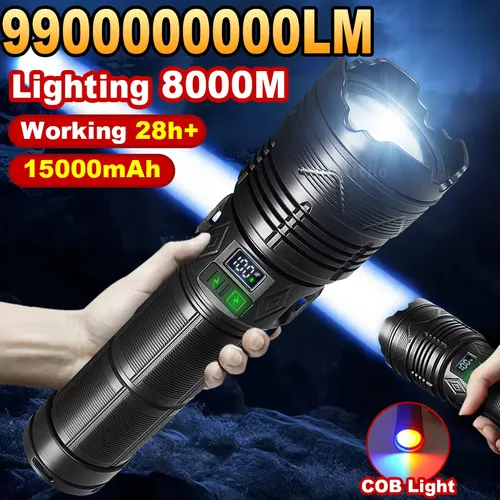99000000LM 10000W 초강력 손전등 충전식 LED 전술 토치 초강력 램프 야외 모험 낚시 캠핑 8KM 고전력 LED 손전등 18650 줌 손전등 야외 방수 큰 손전등 조명 20 시간 핸드 헬드 램프 캠핑 낚시 작업 랜턴