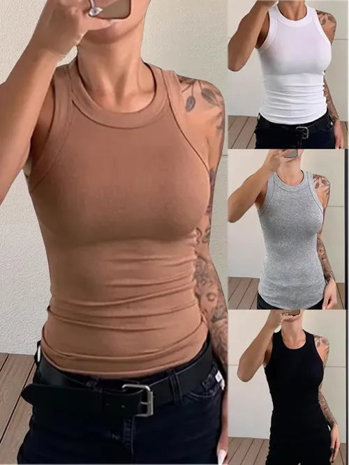 여성 솔리드 오 넥 립 탱크 탑 여름 기본 탄성 탱크 셔츠 캐미솔 세련된 패션 민소매 언더 셔츠 풀오버 탑