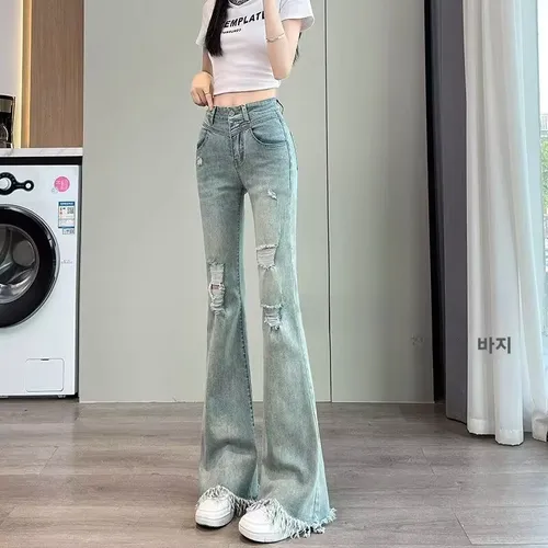 하이웨이스트 슬리밍 벨보텀 청바지 여성용 봄 여름 신상 마이크로 플레어드 프레이드 헴 데님 팬츠 캐주얼 롱 트라우저