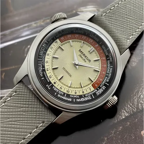 Merkur World Time 남성용 레트로 기계식 시계 남성용 방수 가죽 38mm Reloj Hombre