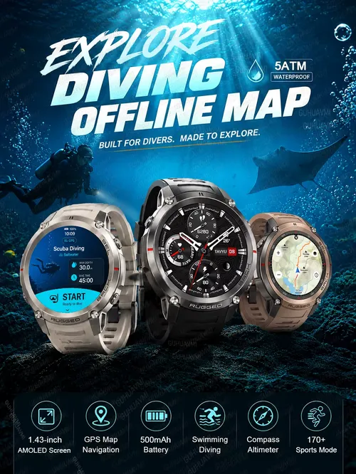 2026 군용 위성 오프라인 지도 GPS 스마트워치 남성용 1.43'' AMOLED 블루투스 통화 나침반 5ATM 방수 170+ 스포츠 스마트워치