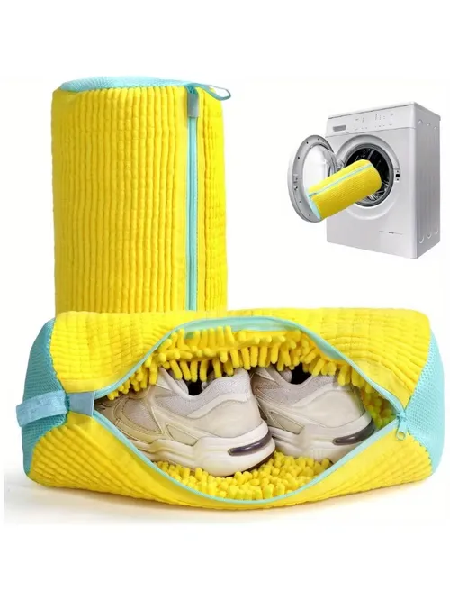 모든 신발 유형을 위한 내구성이 뛰어난 신발 세탁기 가방 - 파란색 지퍼가 달린 노란색, 운동화 및 캐주얼 신발에 이상적, 세탁 세탁 가방